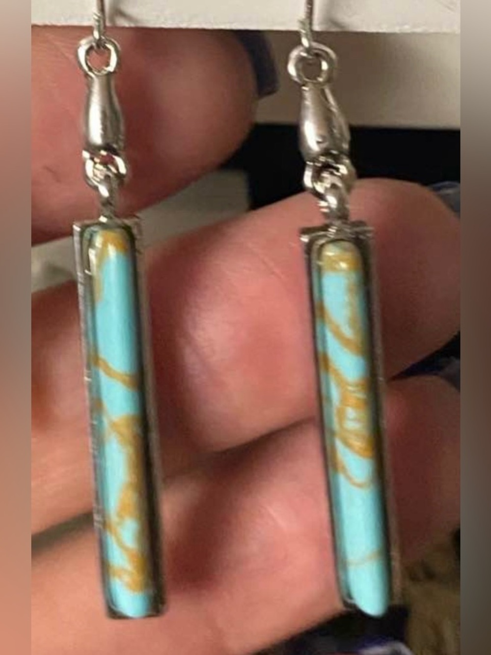 Natural Turquoise Hand Made Drop Bar Earrings
